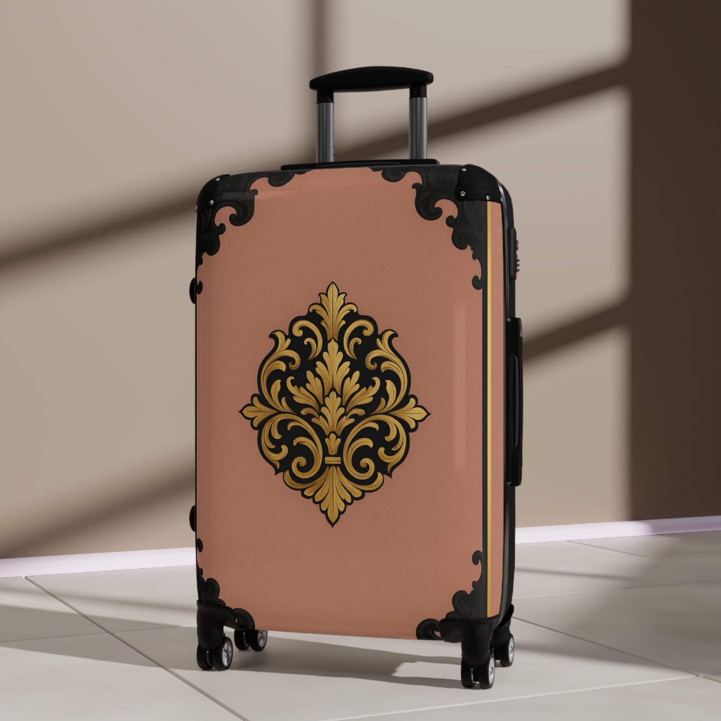 Mauve & Black-Gold Baroque Carry-On Suitcase with Elegant Gold Baroque Design — Vintage Travel Luggage