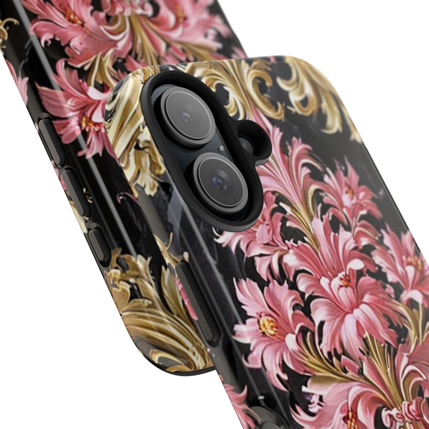 Elegant Floral Tough Phone Cases | Stylish Protection for Her | Gift for Birthdays - Black & Pink Oil Painting Style Rococo
