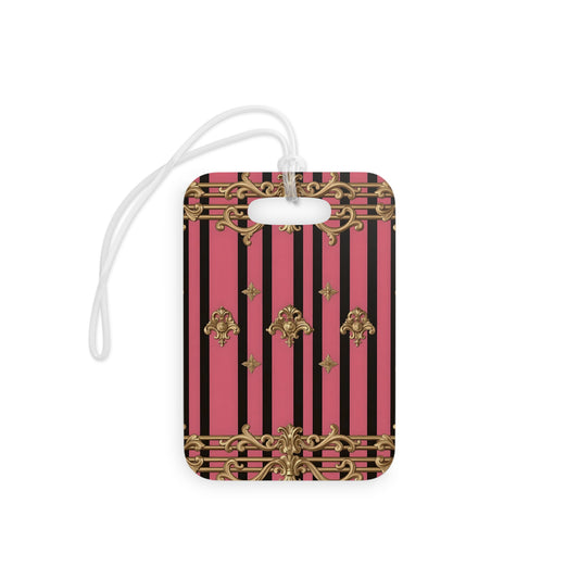 Chic Designer Luggage Tags, Travel Accessories, Personalized Tags for Suitcases, Stylish Baggage Labels, Gift for Travelers - Pink Striped Gold Rococo