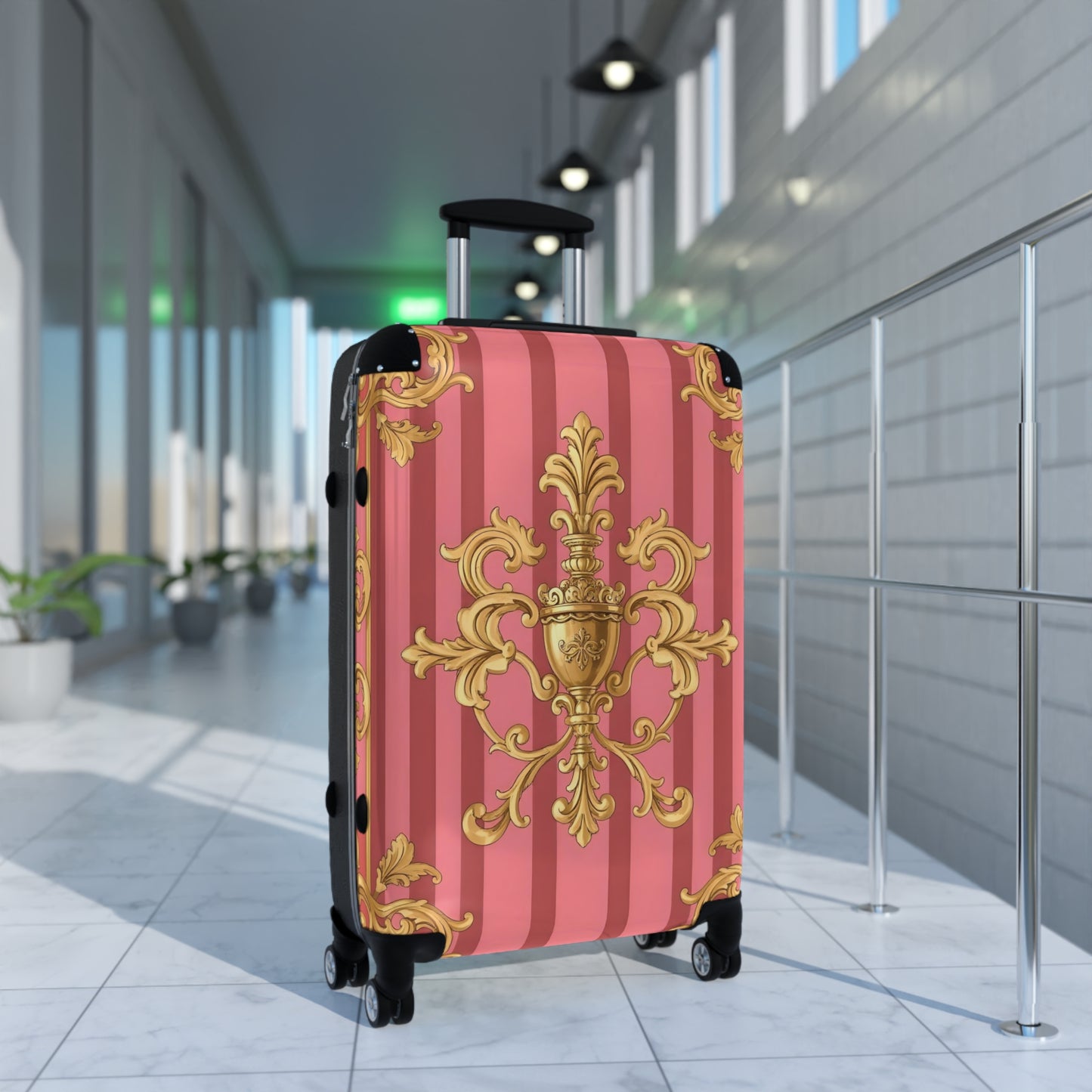 Elegant Pink Ornate Suitcase, Stylish Travel Luggage, Chic Carry-On, Unique Gift for Travelers - Pink Striped Gold Baroque