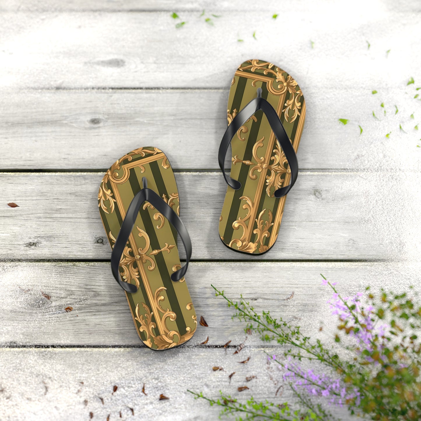 Elegant Floral Flip Flops, Summer Sandals, Beach Footwear, Vacation Essentials, Gift for Her, Outdoor Adventures - Olive Green Striped Rococo