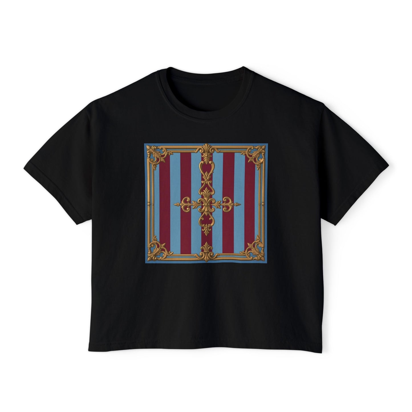 Baroque Women's Boxy Tee, Vintage Style T-shirt for Festivals, Casual Wear, Summer Outfits, Gift for Her - Sky Blue & Maroon Striped Baroque