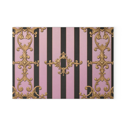 Luxurious Glass Cutting Board, Elegant Kitchen Decor, Wedding Gift, Cooking Accessory - Matte Lavender & Black Striped Gold Baroque