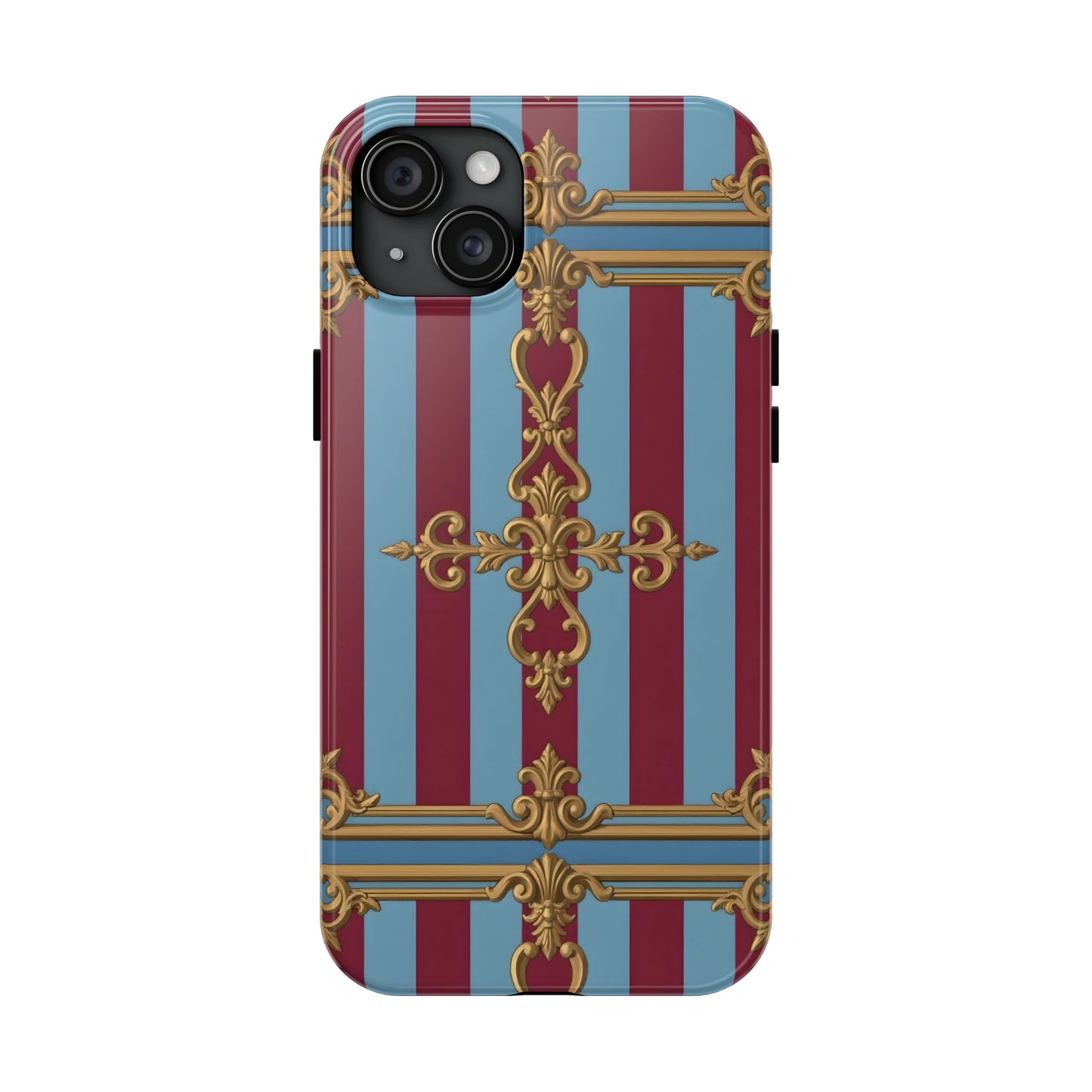 Elegant Patterned Tough Phone Cases, Stylish Phone Cover, Durable Phone Protection, Unique Gift Idea - Sky Blue & Maroon Striped Baroque