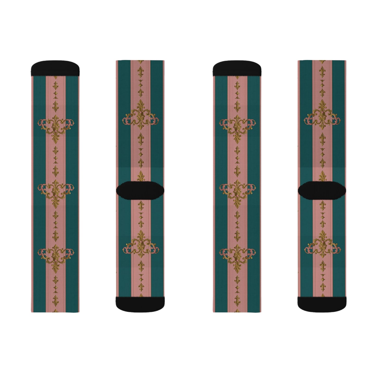 Chic Sublimation Socks, Fashion Accessories, Gift for Her, Trendy Socks, Unique Design, Casual Wear - Pink & Teal Striped Gold Baroque