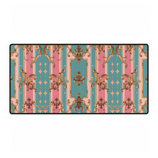 Elegant Vintage Desk Mats for Home Office, Stylish Desk Accessories, Work from Home Gift - Pink & Matte Turquoise Striped Rococo
