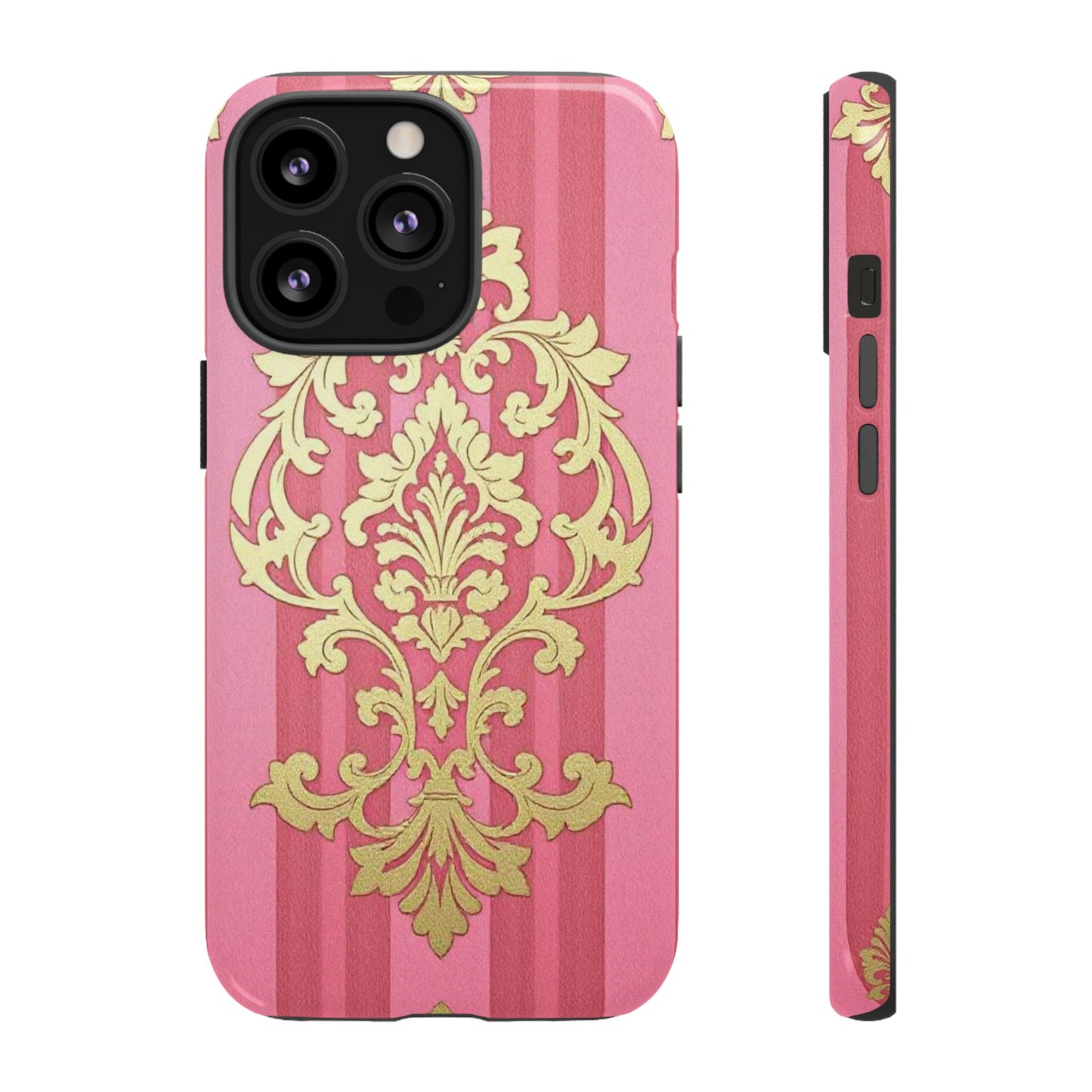 Elegant Floral Motif Phone Case - Tough Cases with Vintage Design - Pink Striped Damask