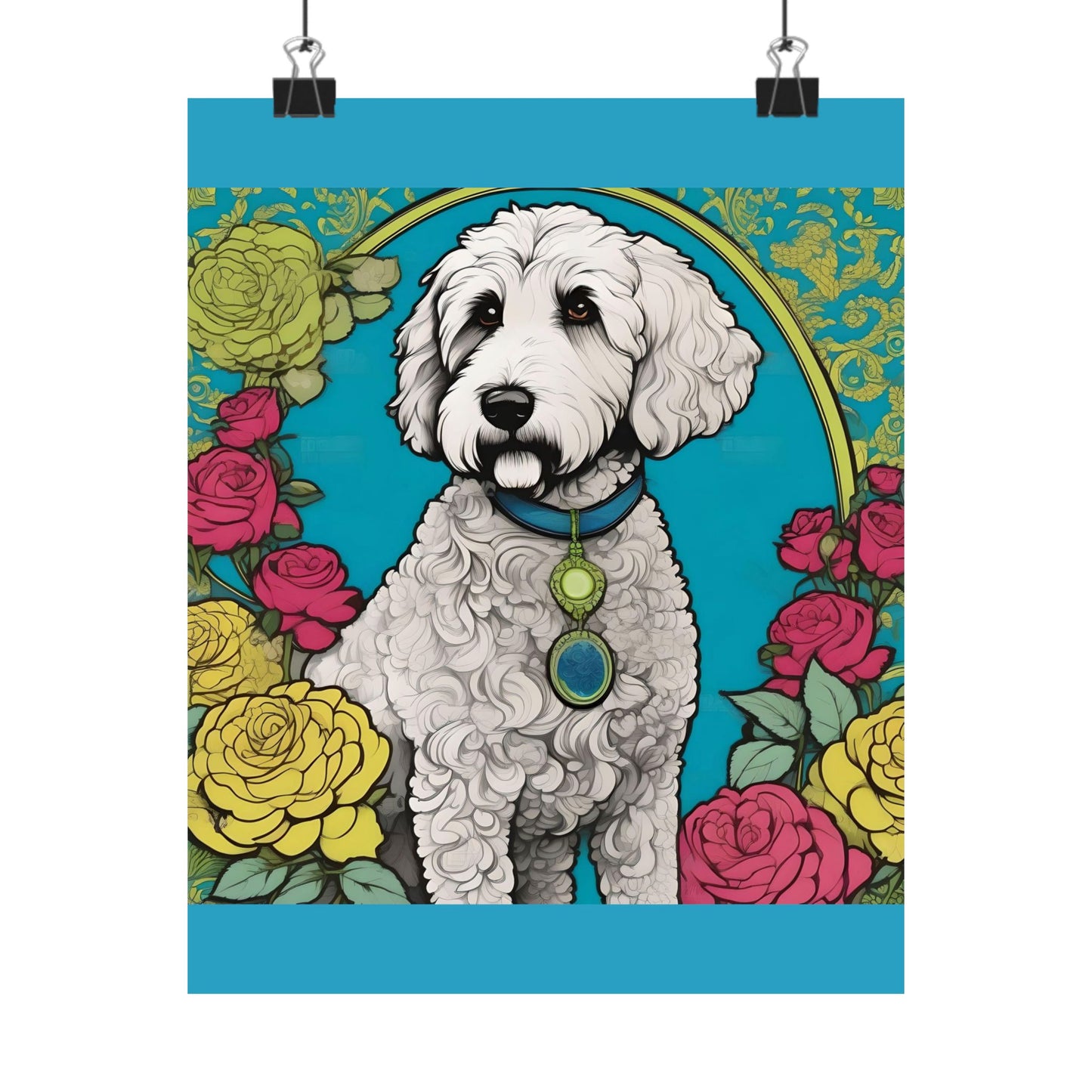 Floral Motif Art Poster - Elegant Matte Vertical Wall Decor - Golden Doodle In Turquoise & Roses