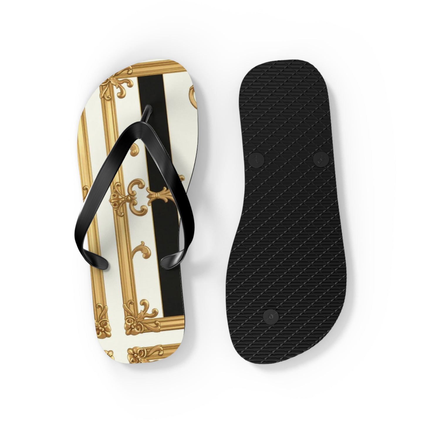 Chic Flip Flops with Elegant Design, Summer Sandals, Perfect Beach Footwear, Vacation Footwear - Black & White Striped Gold Baroque