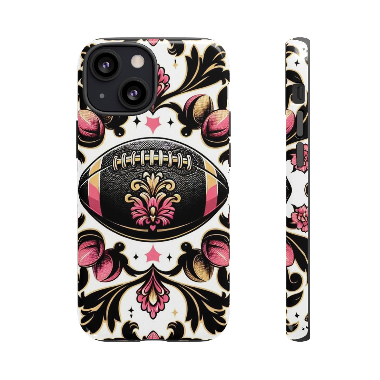 Elegant Floral Motif Phone Case - Tough Cases with Vintage Design - Damask White, Pink Gold & Black Football