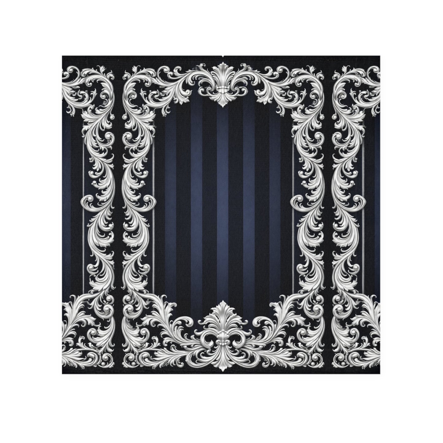 Navy Stripes & Baroque Face Towel — Elegant Navy & Silver Decorative Washcloth