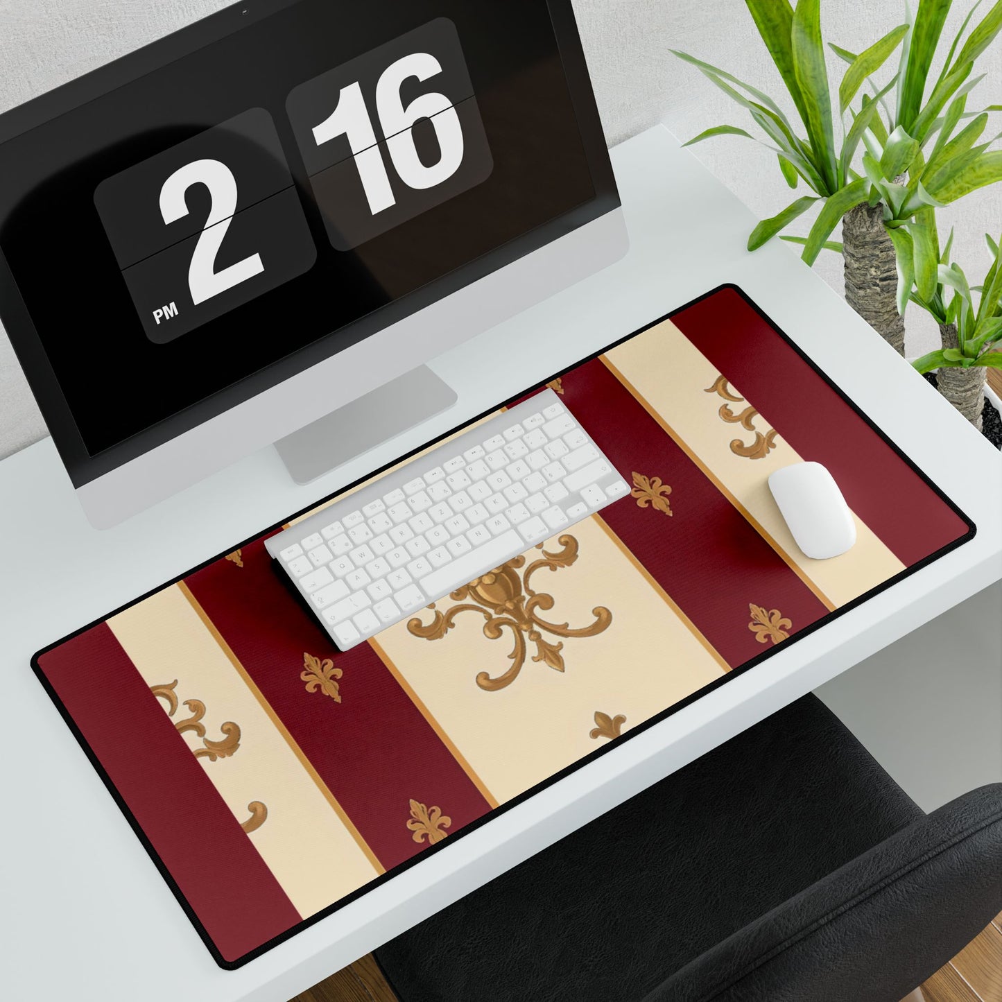 Elegant Floral Motif Desk Mat for Home Office Decor - Dusk Red Striped Gold Damask