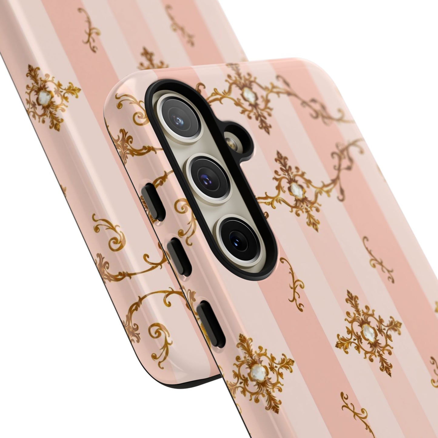 Elegant Floral Phone Case, Tough Cases for Women, Trendy Phone Cover, Chic Gift - Pink Jeweled Striped Gold Baroque