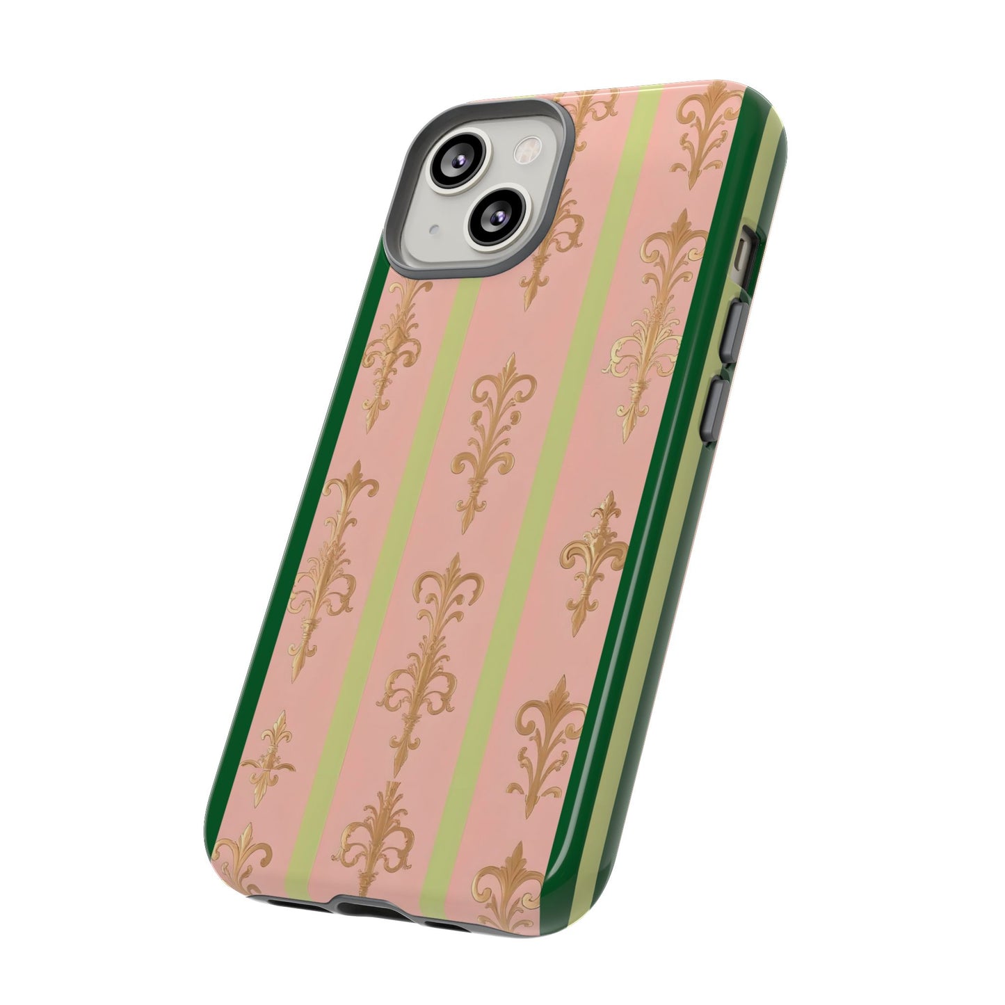 Elegant Floral Motif Phone Case - Tough Cases with Vintage Design - Lime Green & Pink Striped Damask