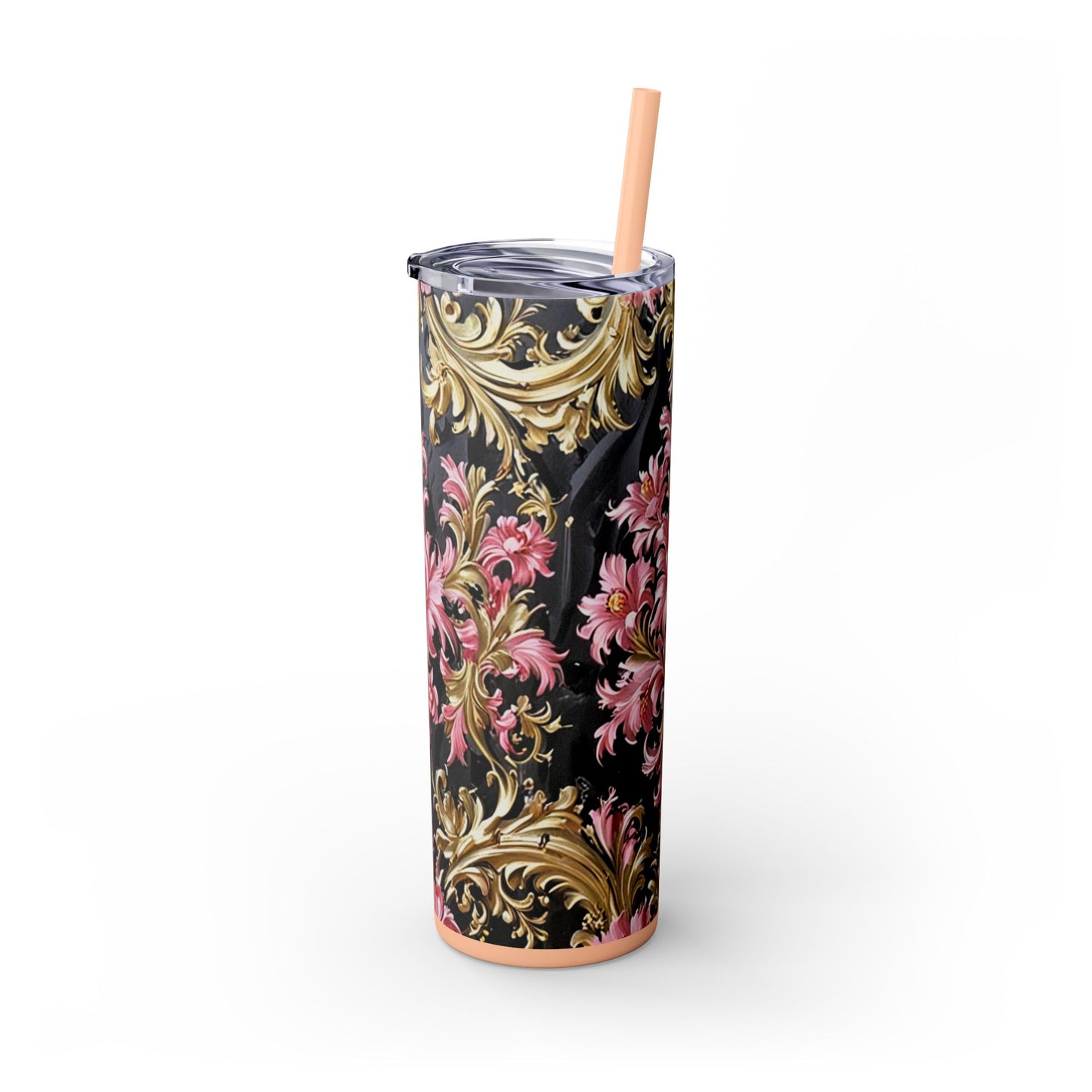 Chic Floral Skinny Tumbler with Straw, 20oz - Elegant Drinkware for Tea Lovers, Travel Mugs, Gifts for Her - Black & Pink Oil Painting Style Rococo