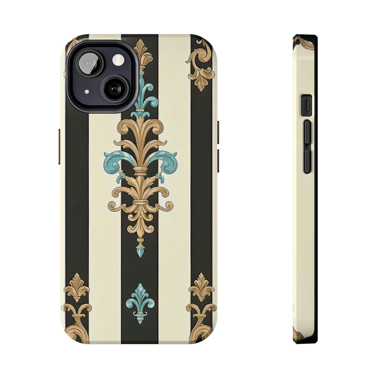 Elegant Vintage Tough Phone Cases, Stylish Phone Accessories, Quality Protection, Gifts for Her - Black Striped Turquoise & Black Rococo