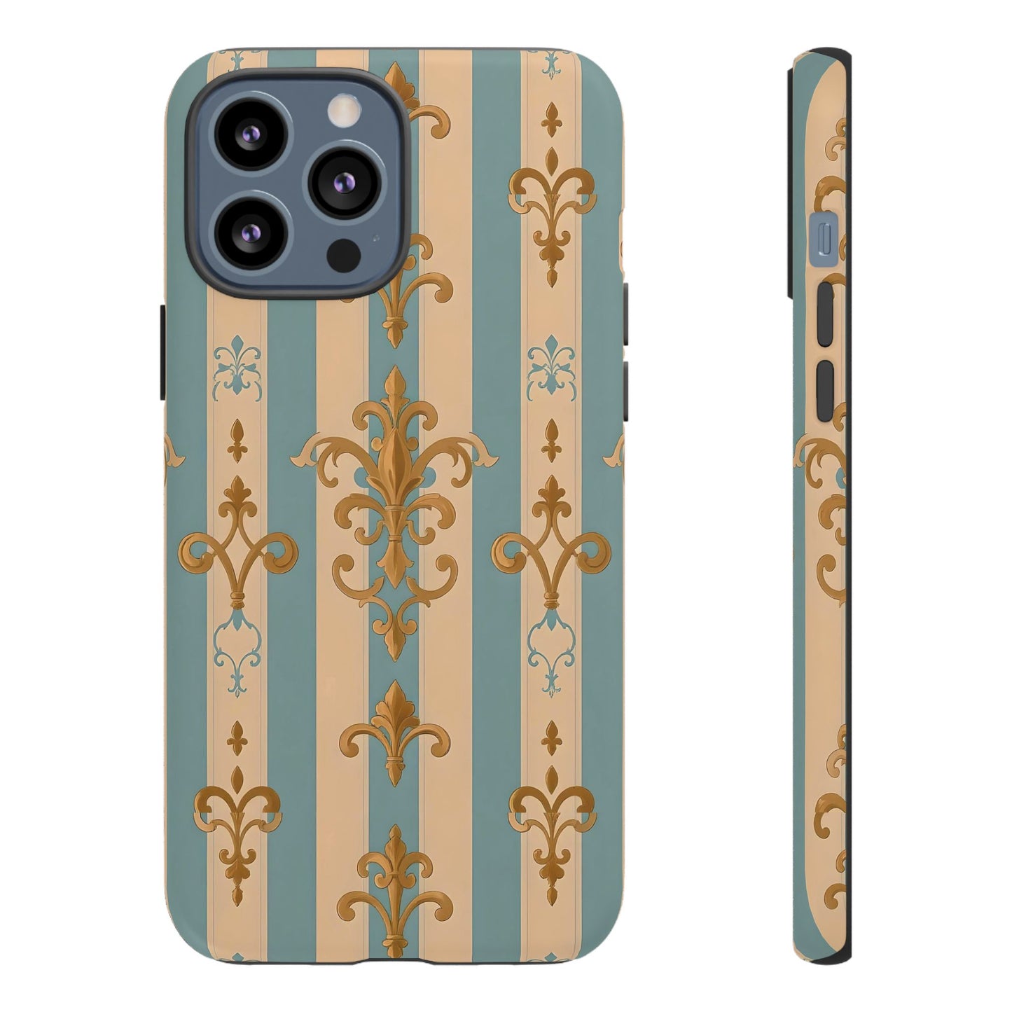 Elegant Floral Motif Phone Case - Tough Cases with Vintage Design -  Beige & Sky Blue Striped Gold Damask
