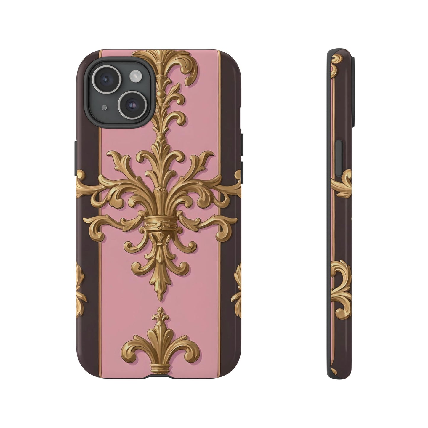 Elegant Floral Motif Phone Case - Tough Cases with Vintage Design - Pink & Brown Striped Gold Damask