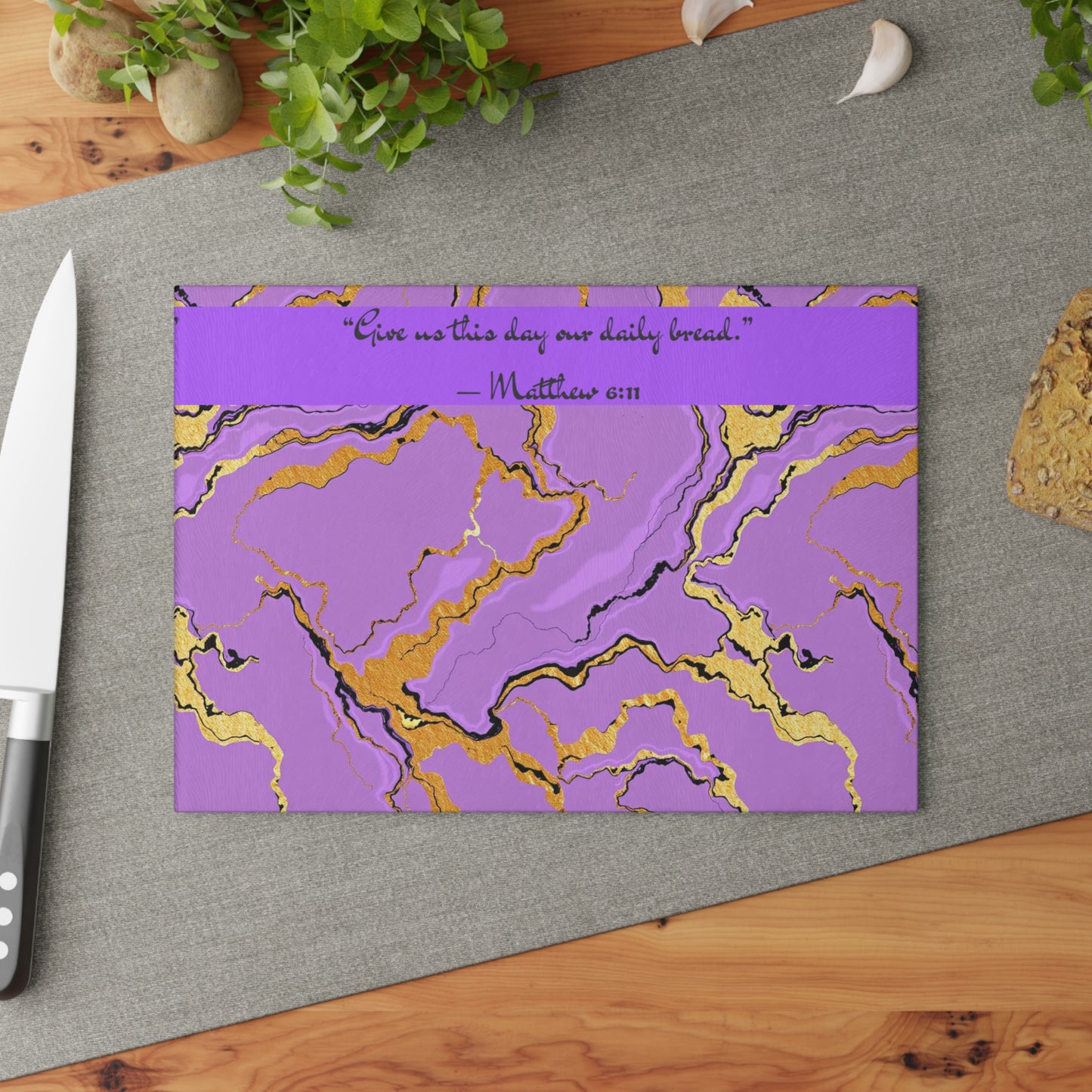 Elegant Lavender Marble Glass Cutting Board, Kitchen Decor, Wedding Gift, Hostess Gift, Unique Gift for Foodies - Matthew 6:11