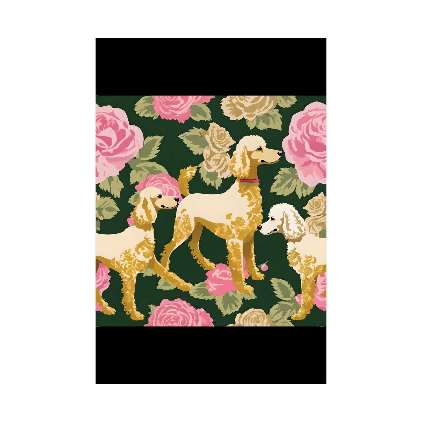 Vertical Poster - Elegant Matte Floral Art Wall Decor - Damask Poodles In Dark Green & Pink Roses