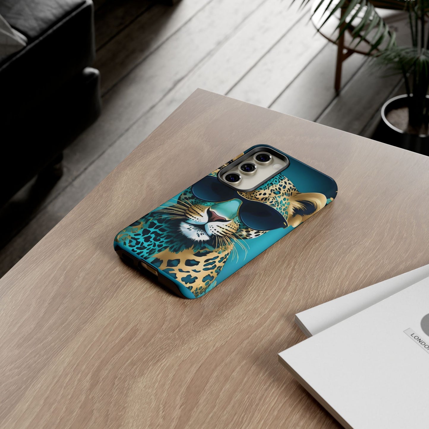 Phone Case - Aqua & Gold Leopard In Sunglasses Design