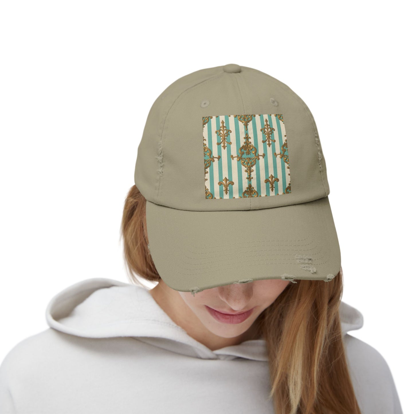 Stylish Unisex Distressed Cap with Vintage Pattern, Casual Hat for Everyday Wear, Gift for Birthdays - Matte Green Striped Rococo