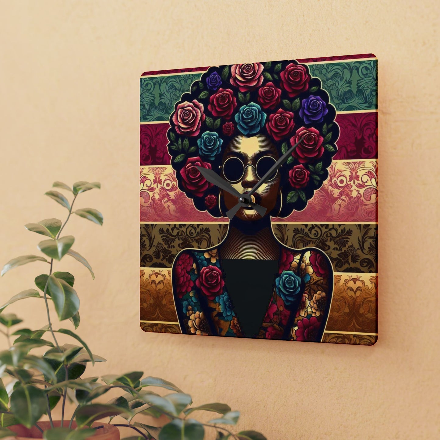 Bohemian Afro-Inspired Acrylic Wall Clock with Floral Design - Lady In Damask & Roses Design