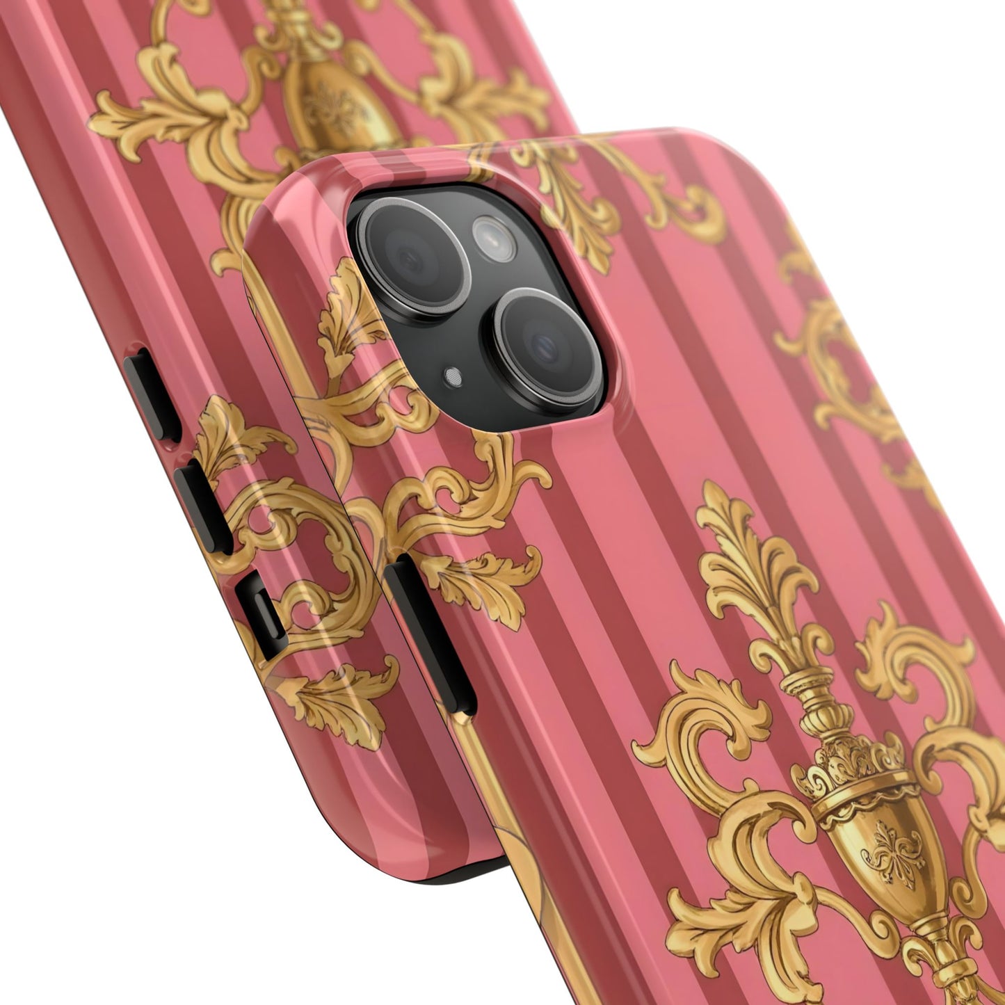 Elegant Baroque Tough Phone Cases, Durable Phone Cover, Stylish Accessory, Gift for Any Occasion - Pink Striped Gold Baroque