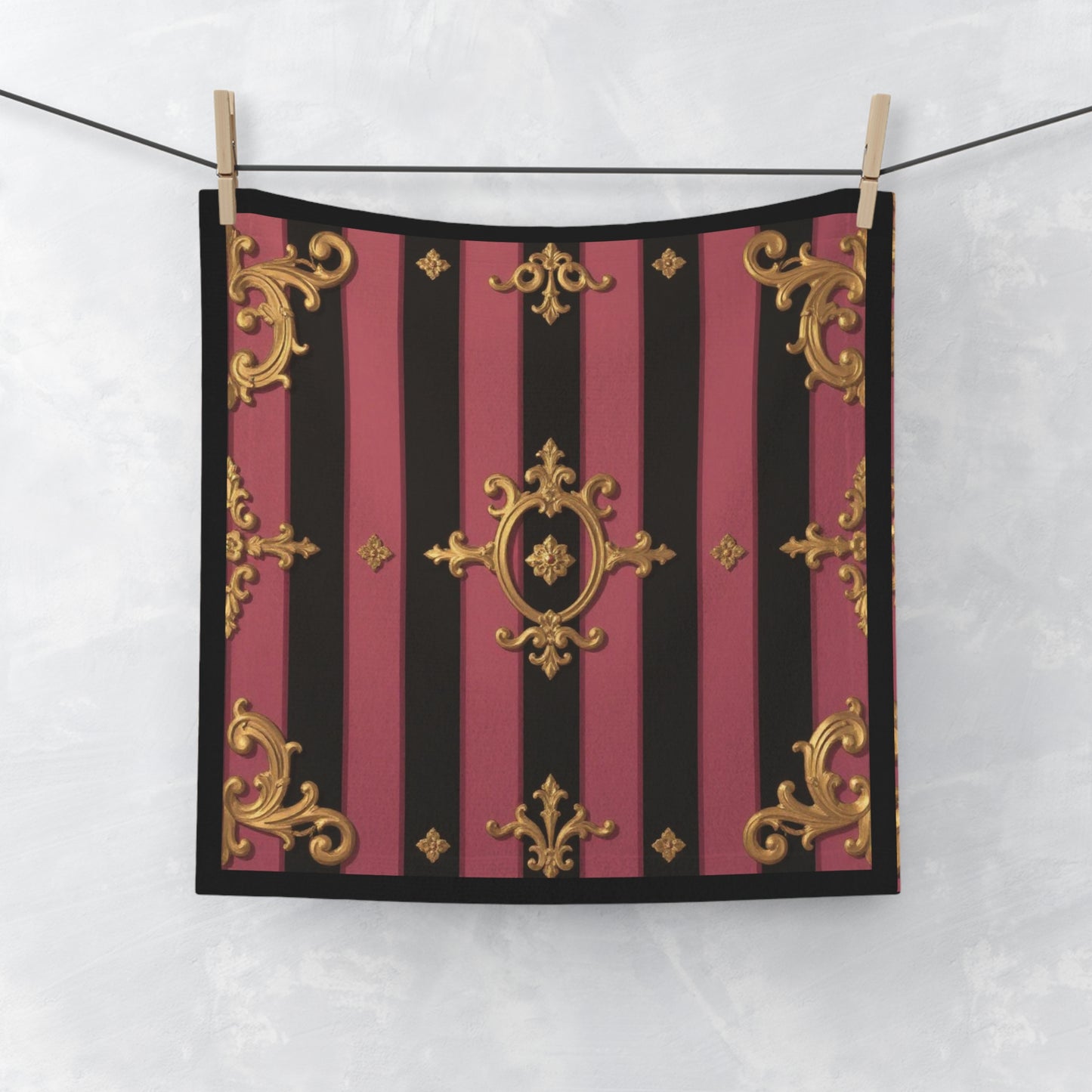 Elegant Black & Mauve Striped Gold Baroque Face Towel, Luxurious Bath Accessory, Gift for Her, Home Decor, Spa Essentials, Bathroom Style