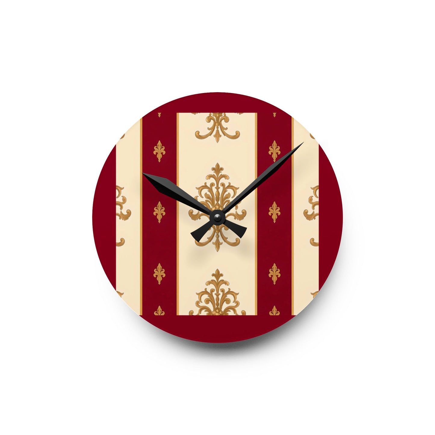 Bohemian Damask-Inspired Acrylic Wall Clock with Floral Design - Dusk Red Striped Gold Damask