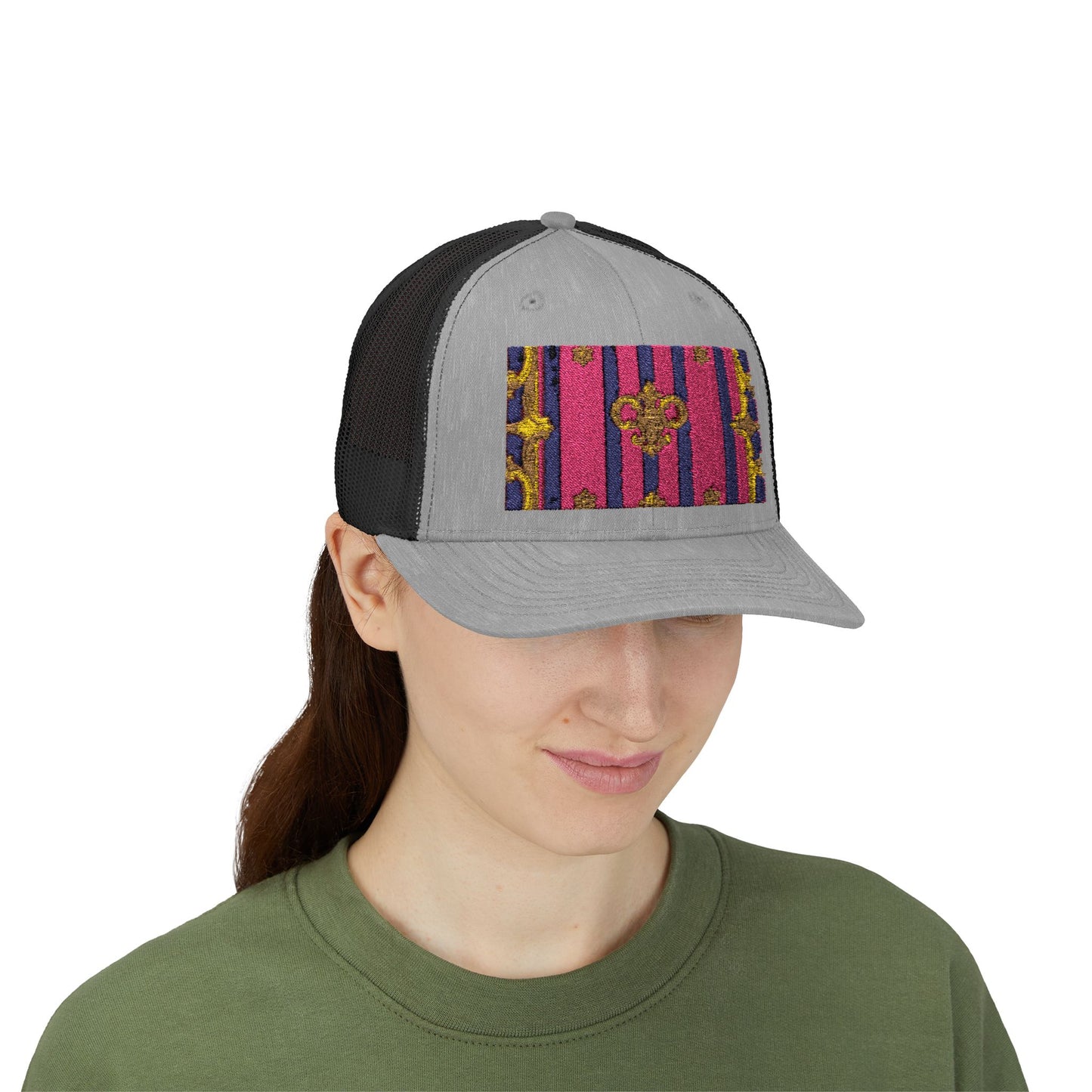 Vibrant Snapback Trucker Cap, Stylish Outdoor Hat, Trendy Fashion Accessory, Gift for Him or Her - Pink Striped Gold Baroque