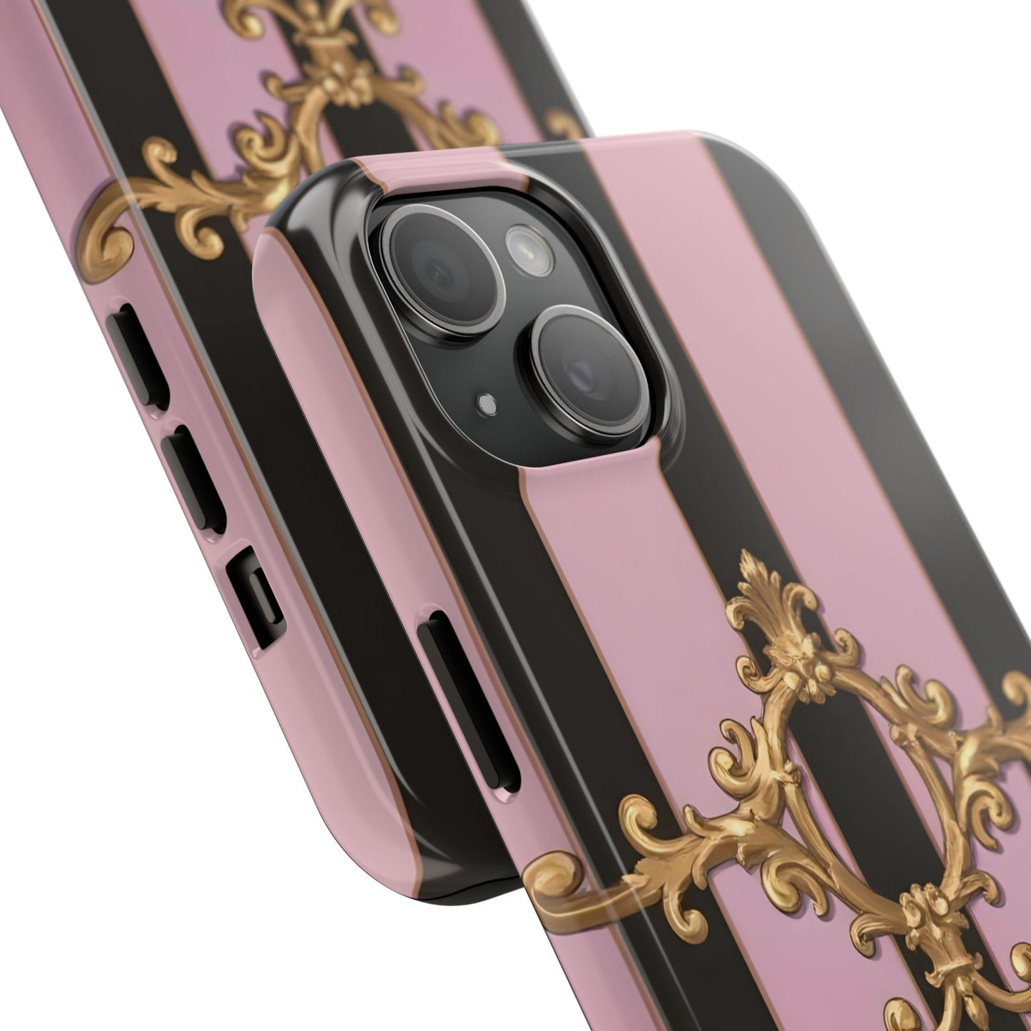 Stylish Tough Phone Case for Elegant Protection, Fashionable Accessories, Smartphone Cover - Matte Lavender & Black Striped Gold Baroque