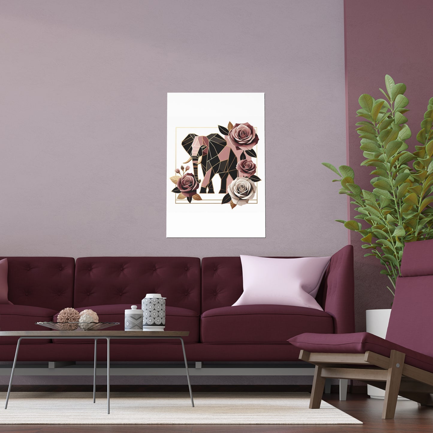 Elegant Floral Silk Poster - Indoor/Outdoor Wall Art for Home Decor - Brown & Mauve Elephant & Roses