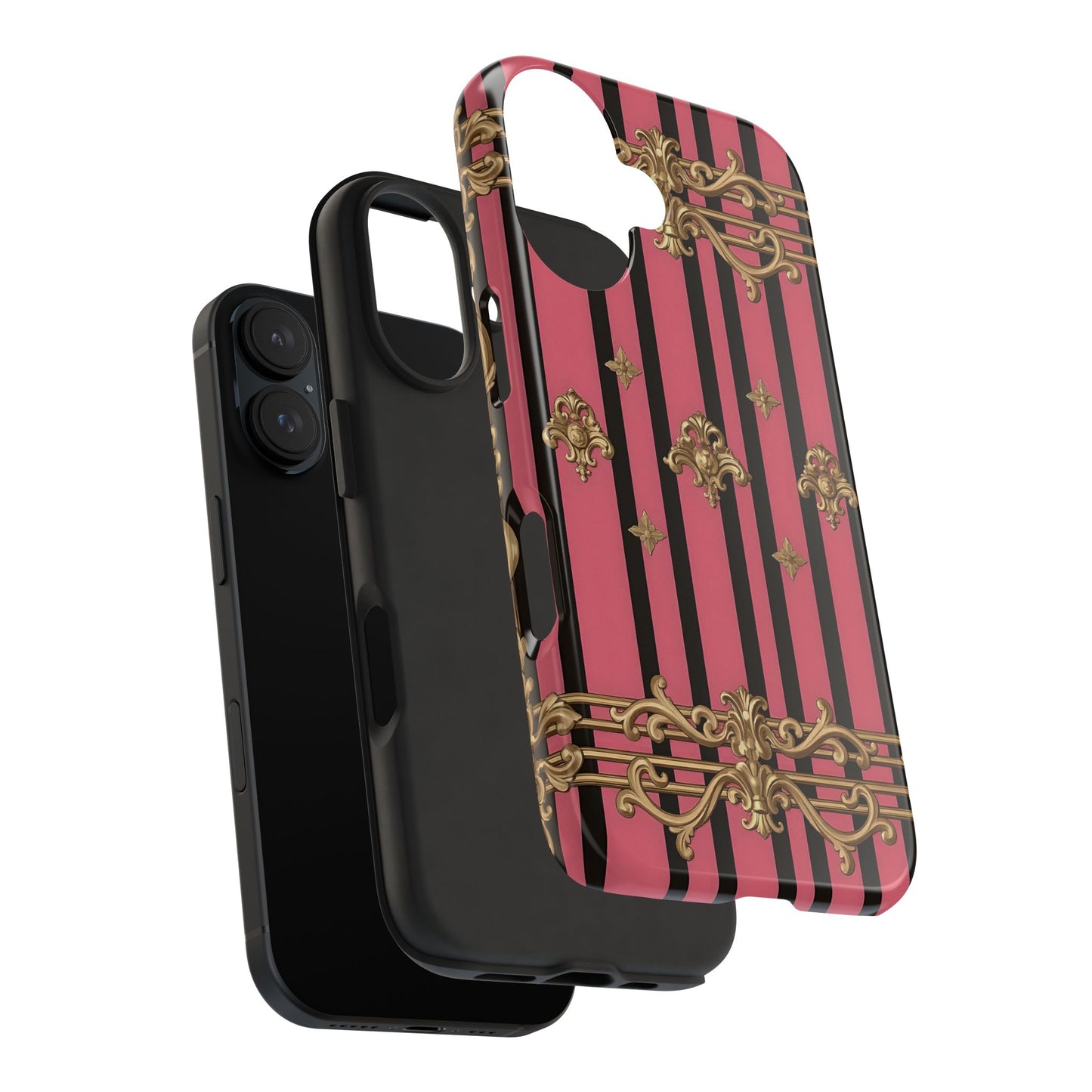 Elegant Floral Phone Cases, Stylish Protective Case for Trendy Individuals, Unique Gift for Tech Lovers, Phone Accessories - Pink Striped Gold Rococo