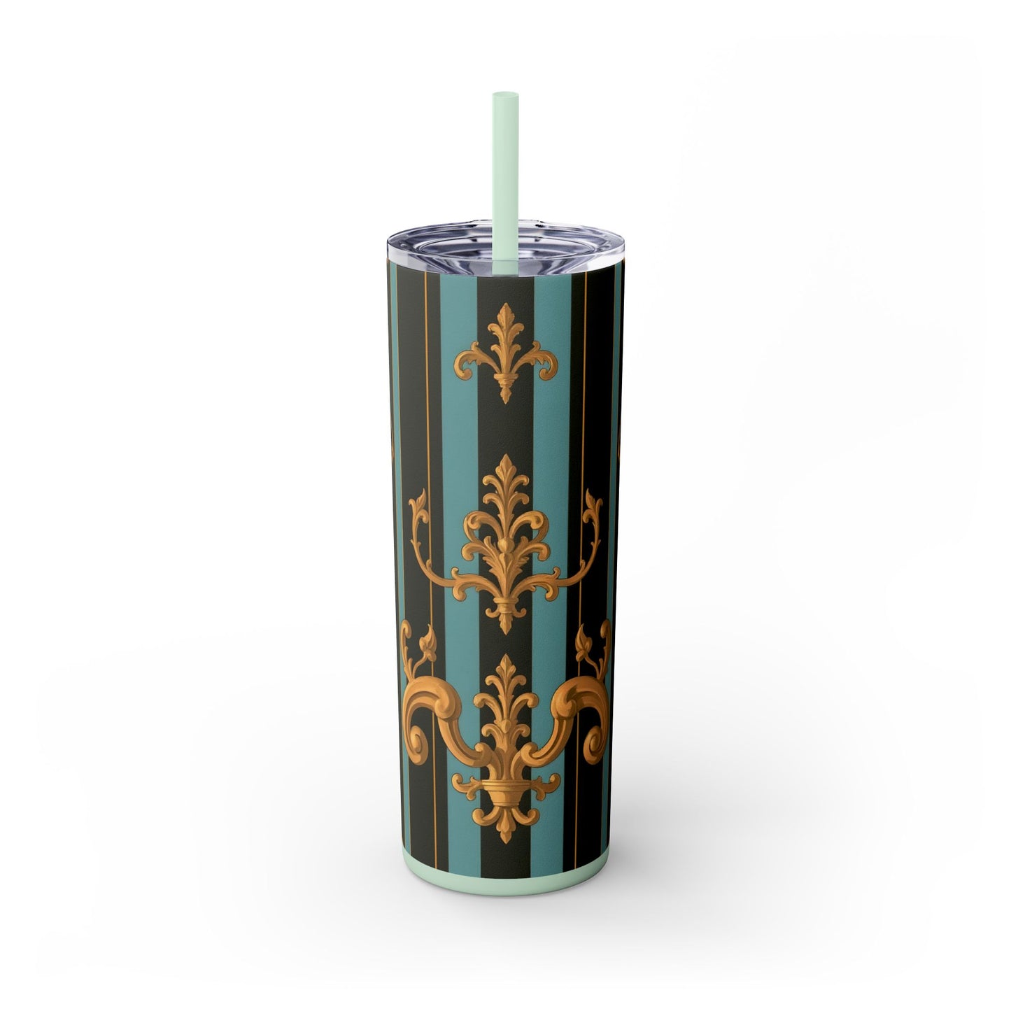 Elegant Vintage Skinny Tumbler with Straw, 20oz | Gold Floral Pattern, Reusable Drinkware, Perfect for Home - Black & Turquoise Striped Baroque