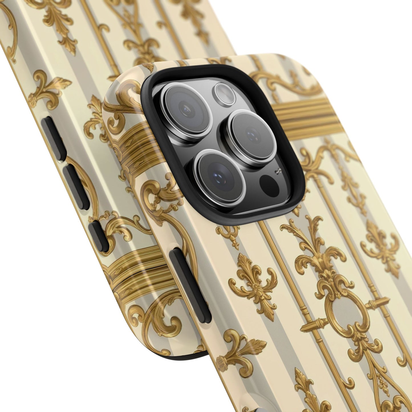 Elegant Gold Pattern Tough Phone Cases | Stylish Phone Covers, Trendy Cell Phone Accessories - Matte Gray & Cream Striped Gold Baroque