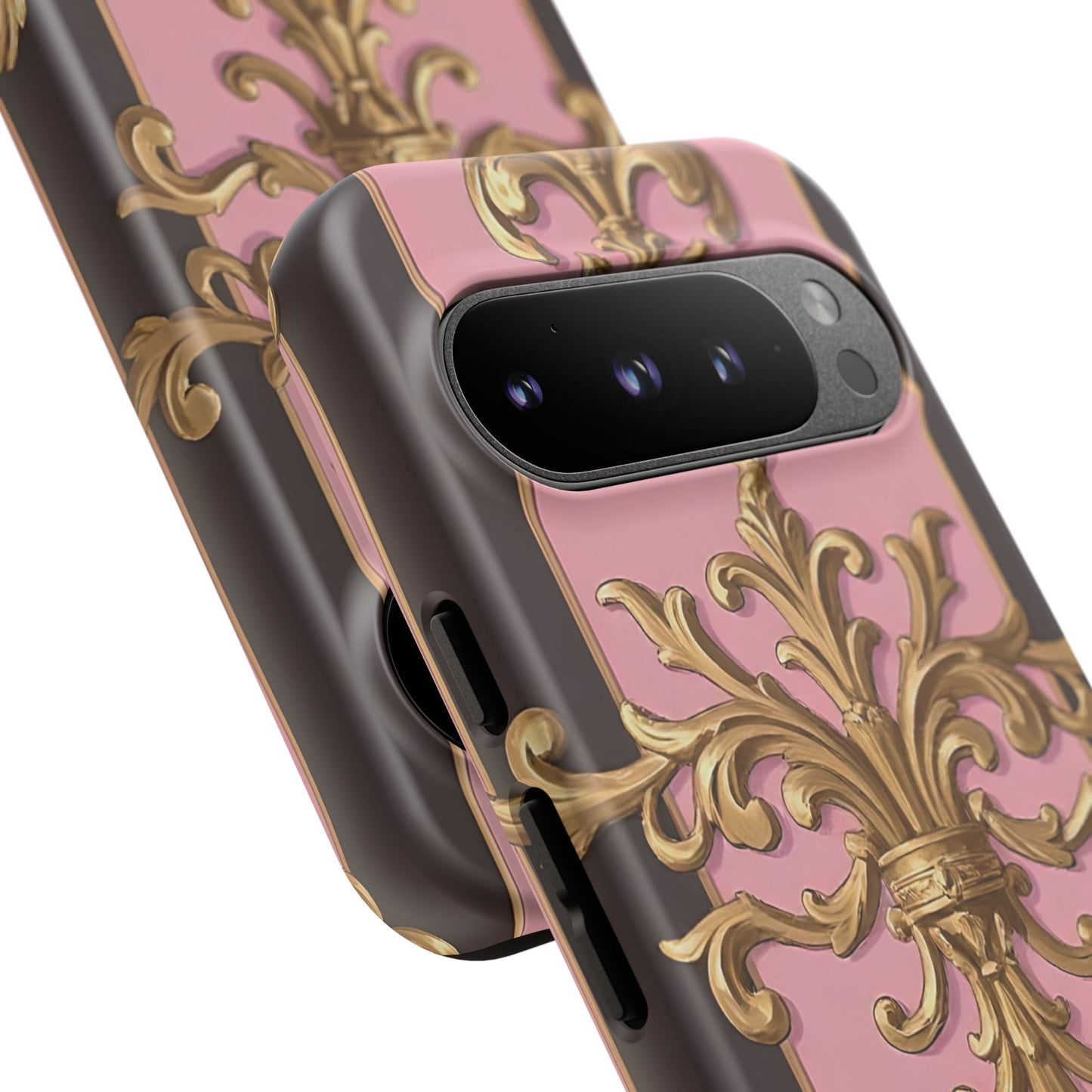 Elegant Floral Motif Phone Case - Tough Cases with Vintage Design - Pink & Brown Striped Gold Damask