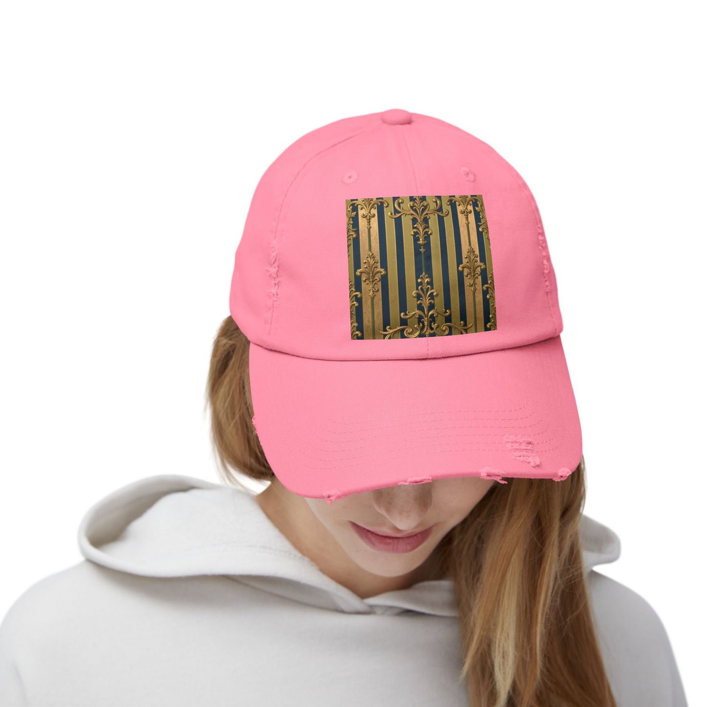 Stylish Midnight Blue & Olive Striped Gold Baroque Unisex Distressed Cap with Elegant Gold Accent, Fashionable Hat for Casual Days, Gift for Birthdays