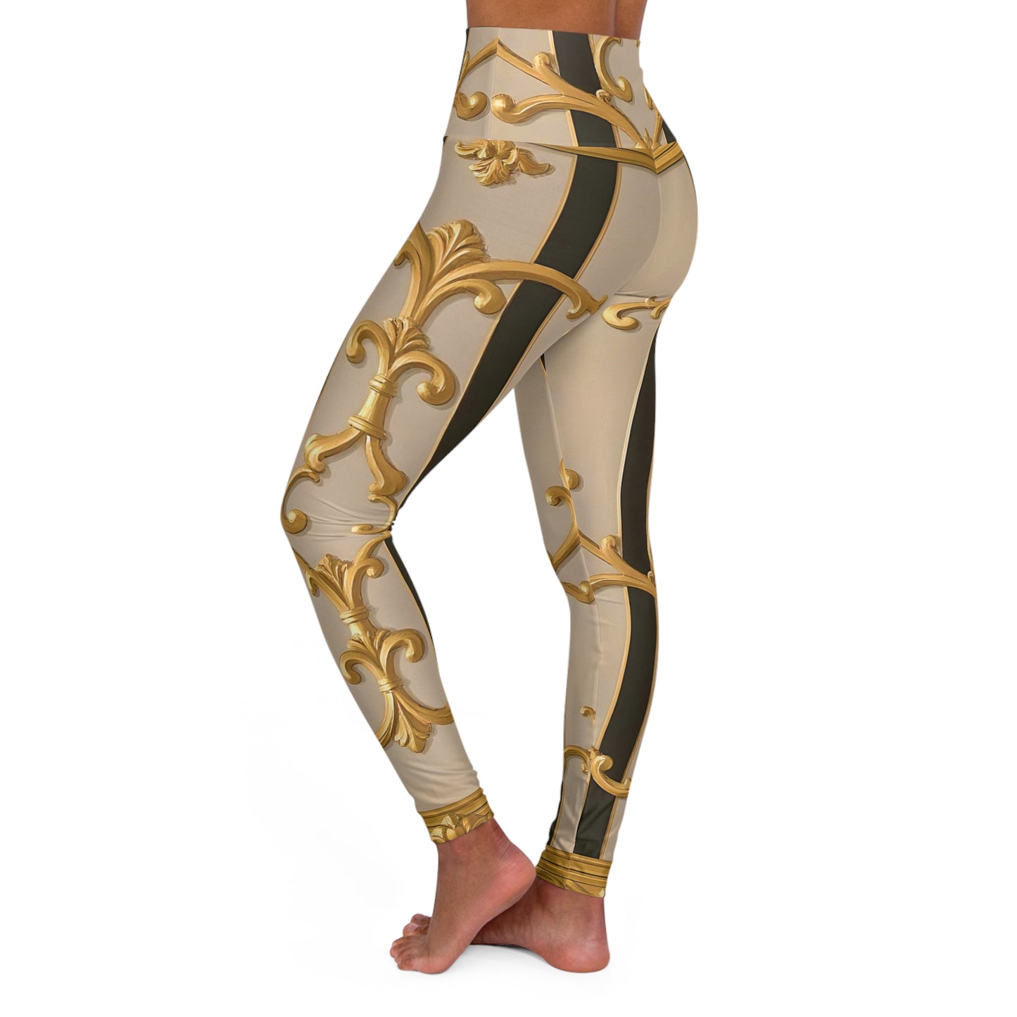 Elegant High Waisted Yoga Leggings, Fitness Leggings, Stylish Workout Pants, Activewear, Gift for Yogi - Beige Striped Gold Rococo