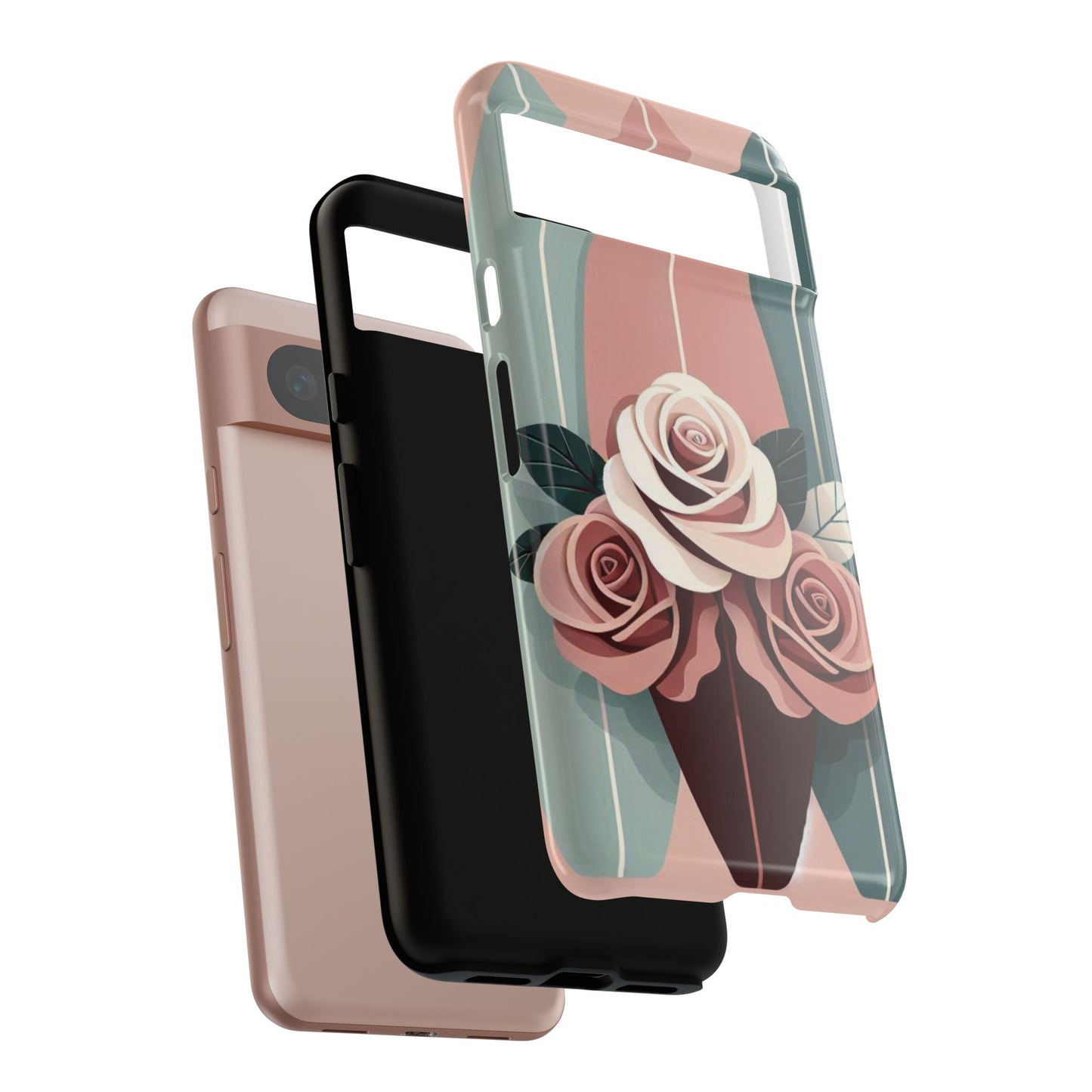 Phone Case - Burgundy, Matte Mauve & Teal Surfboard & Roses Design