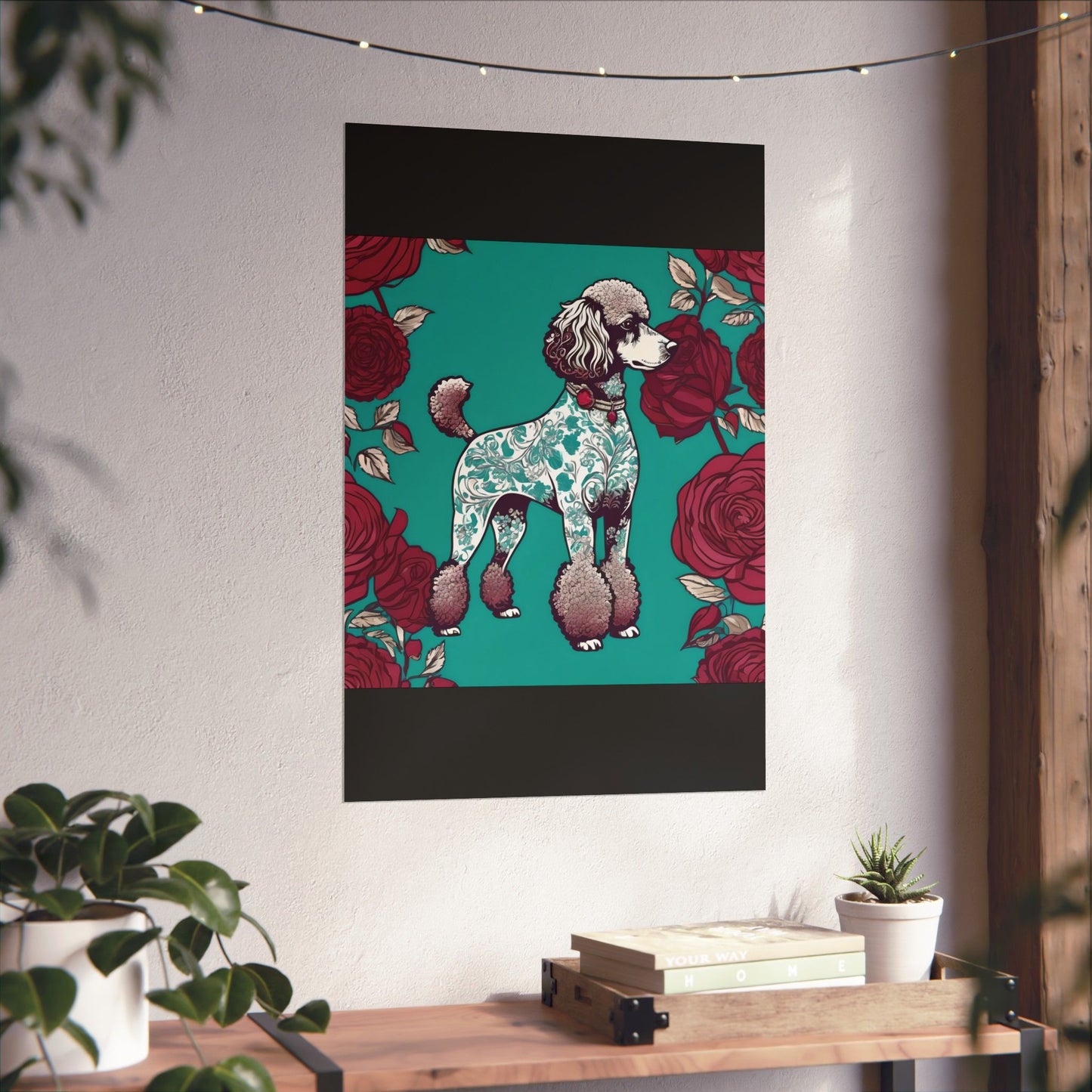 Vertical Poster - Elegant Matte Floral Art Wall Decor - Damask Aqua & White Poodle With Burgundy Roses