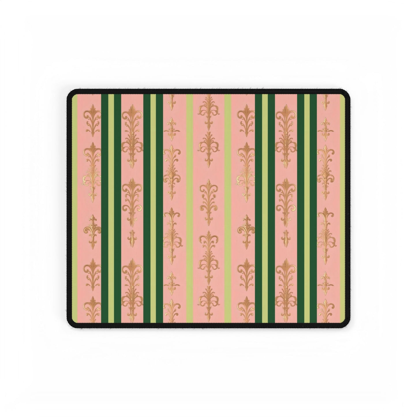 Elegant Floral Motif Desk Mat for Home Office Decor - Lime Green & Pink Striped Damask