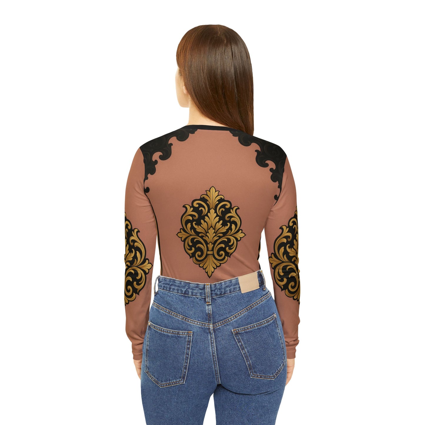 Mauve & Black-Gold Baroque V-Neck Long-Sleeve Top — Women's Ornate Print