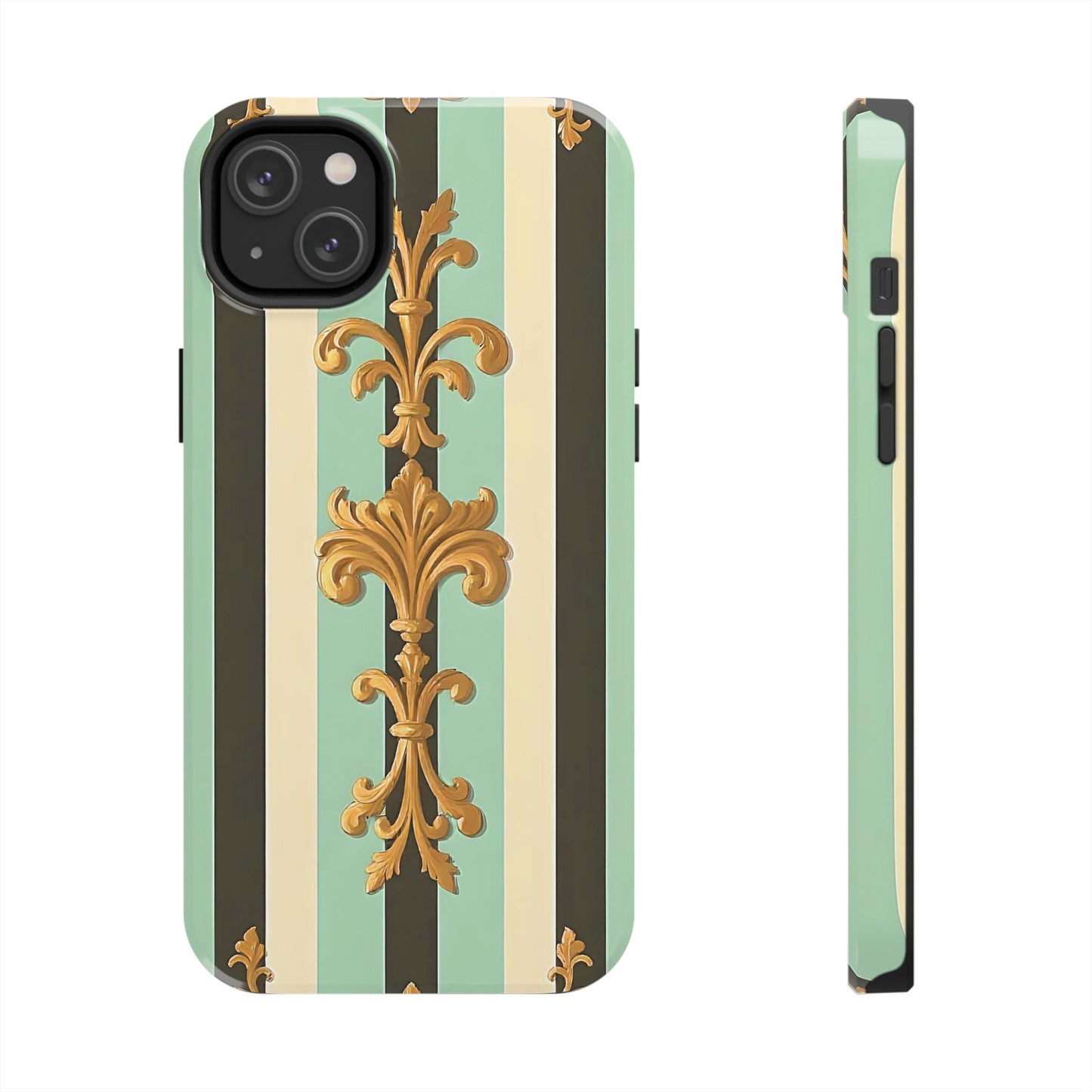 Elegant Floral Tough Phone Cases - Stylish Protection for All Occasions, Gifts for Her, Phone Covers - Black & Matte Mint Striped Rococo