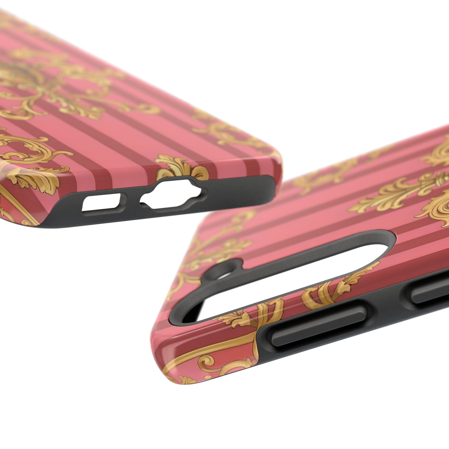 Elegant Baroque Tough Phone Cases, Durable Phone Cover, Stylish Accessory, Gift for Any Occasion - Pink Striped Gold Baroque