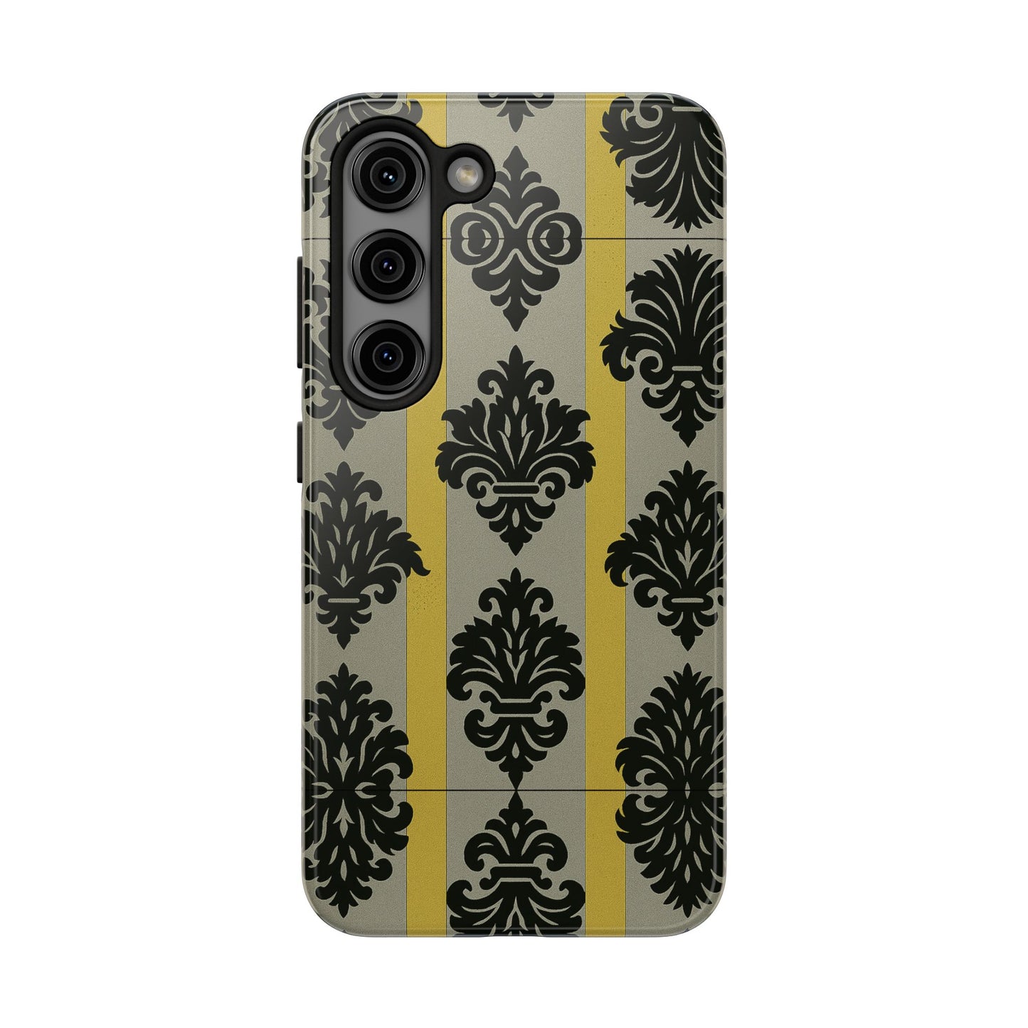 Elegant Baroque Tough Phone Cases | Chic Phone Protection | Gift for Her | Stylish Accessory | Holiday Gift Idea | Silver & Gold Striped Black Baroque