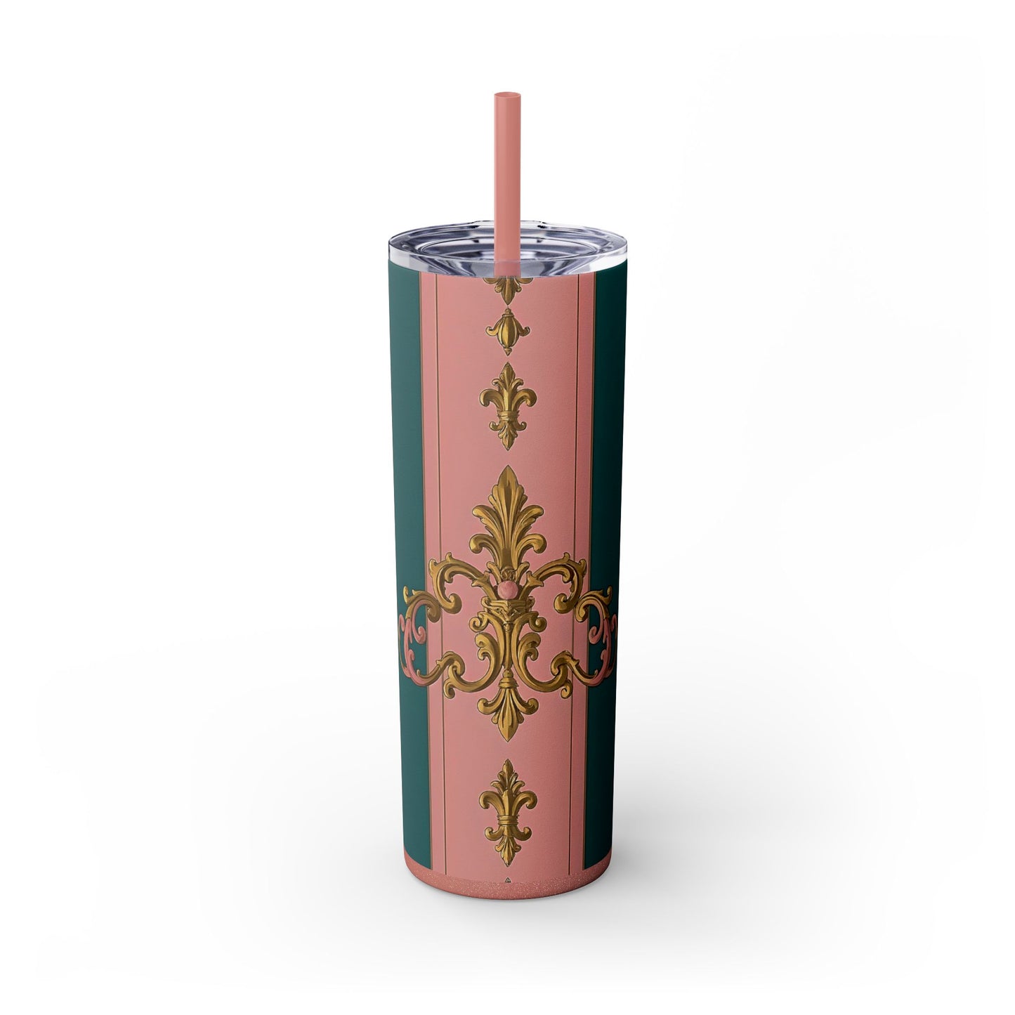 Elegant Pink and Green Skinny Tumbler with Straw, 20oz - Ideal for Gifts, Travel, Home, Events - Pink & Teal Striped Gold Baroque