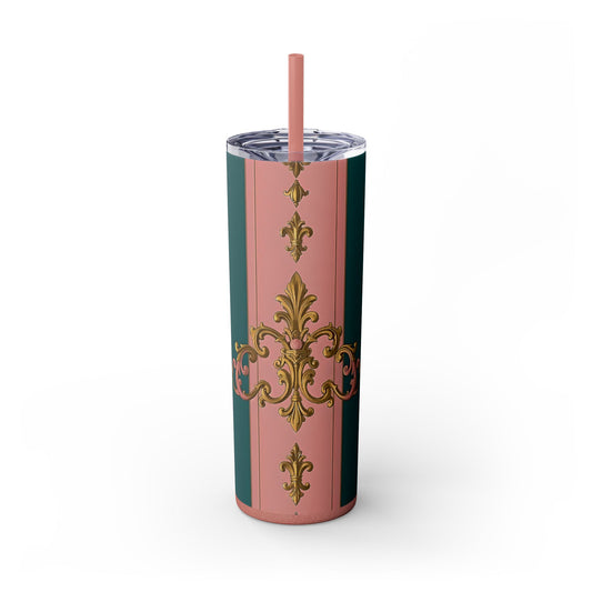 Elegant Pink and Green Skinny Tumbler with Straw, 20oz - Ideal for Gifts, Travel, Home, Events - Pink & Teal Striped Gold Baroque