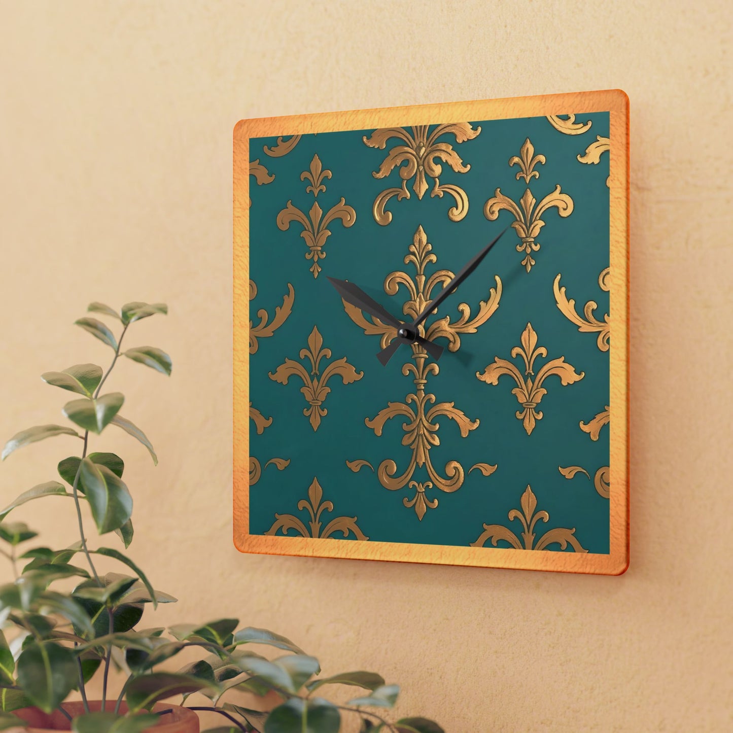 Bohemian Damask-Inspired Acrylic Wall Clock with Floral Design -  Aqua & Gold Design