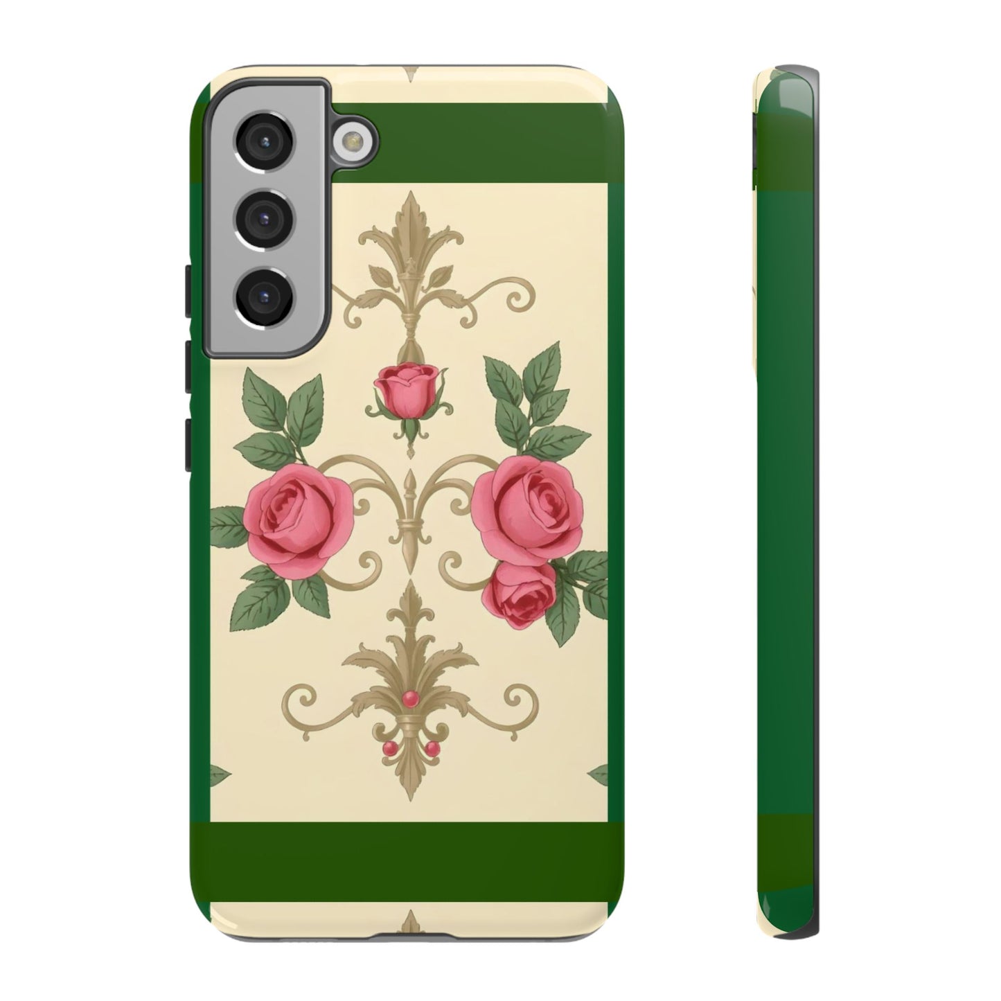 Elegant Floral Motif Phone Case - Tough Cases with Vintage Design - Green Border Roses & Damask